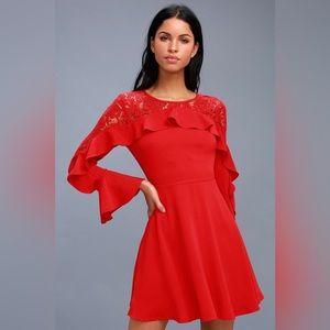 LULU’S Red Lace Long Sleeve Dress